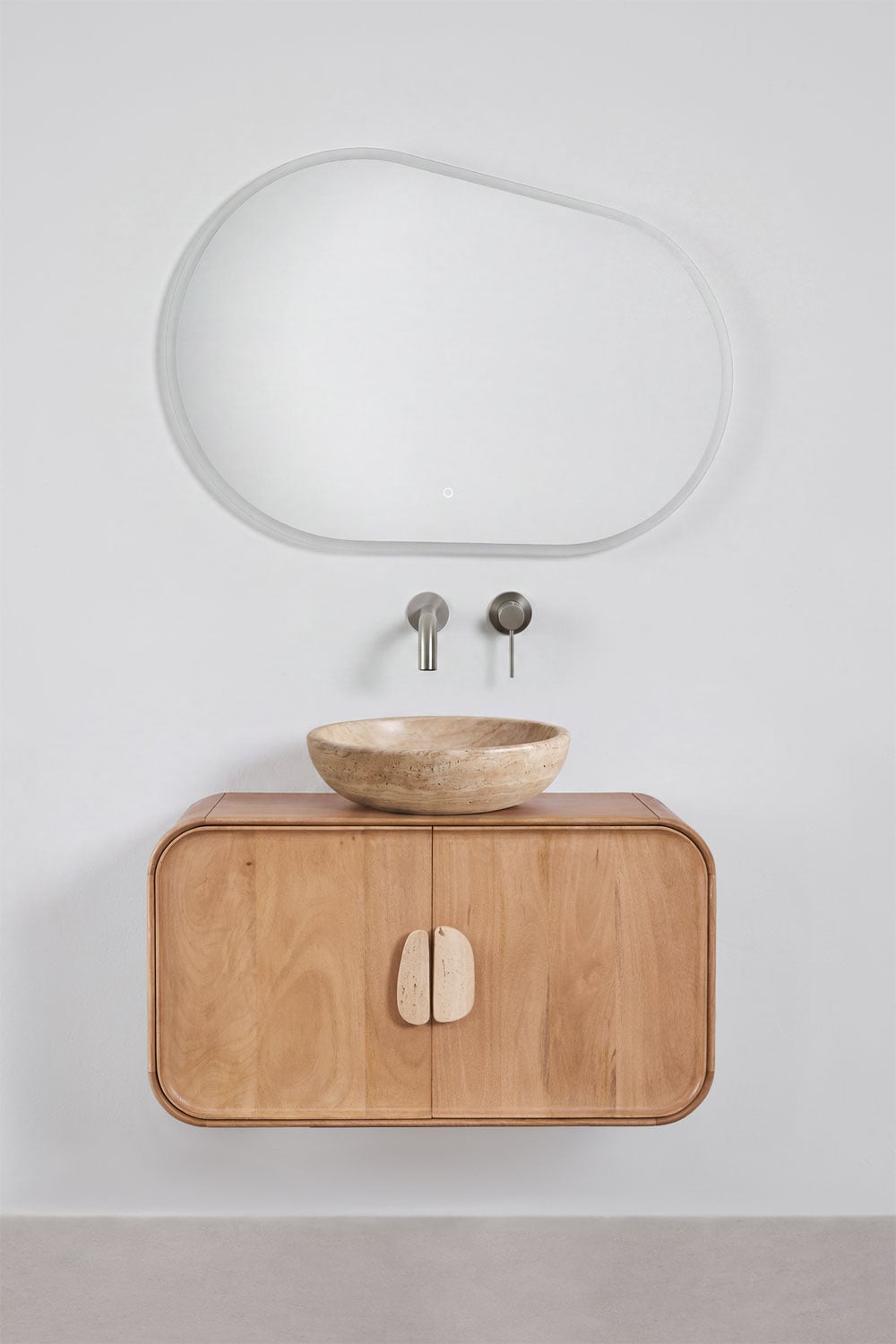 Suspended bathroom furniture set 95x45 cm in mango wood and Kivalina natural stone, gallery image 2