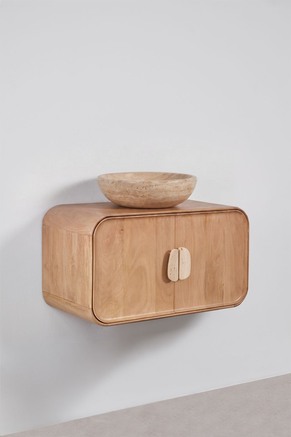 Suspended bathroom furniture set 95x45 cm in mango wood and Kivalina natural stone, gallery image 4