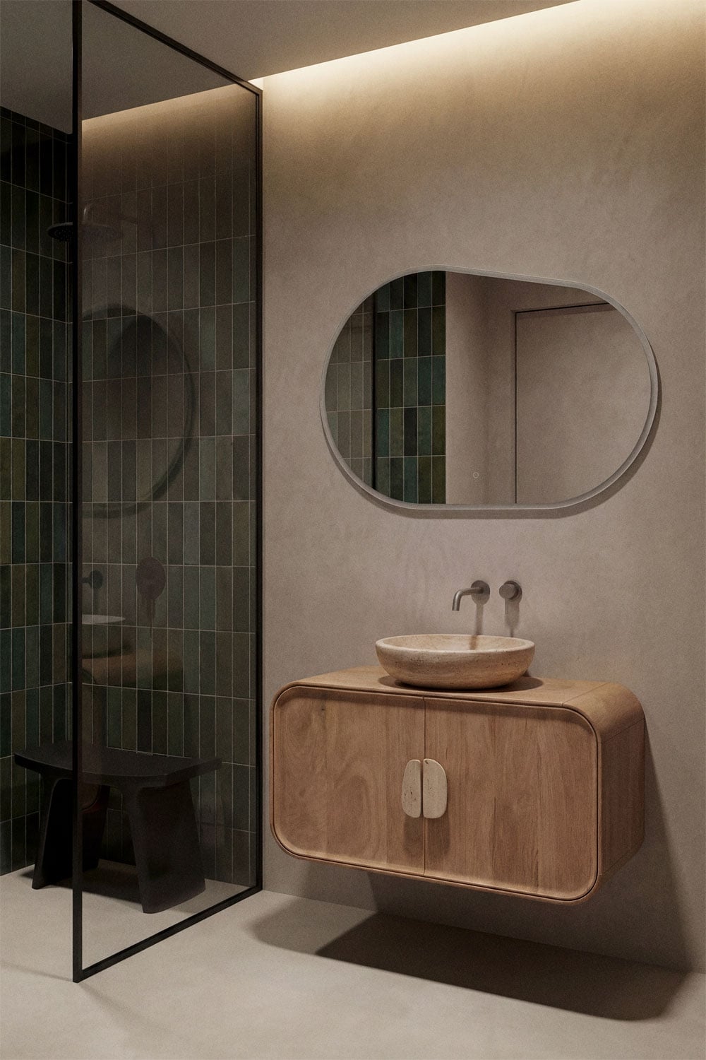 Suspended bathroom furniture set 95x45 cm in mango wood and Kivalina natural stone, gallery image 1