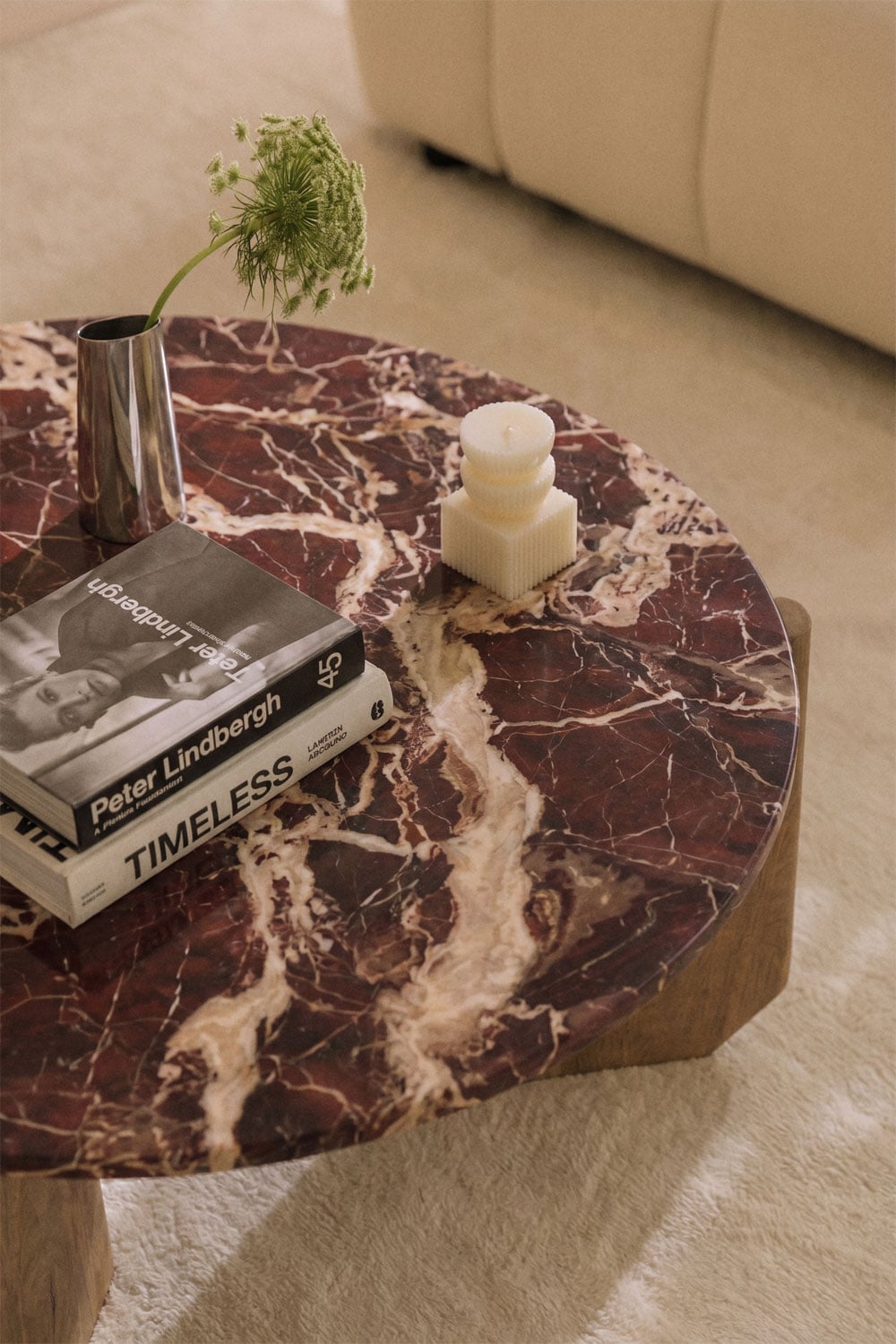 Lavinia round coffee table in natural stone and mango wood, gallery image 2