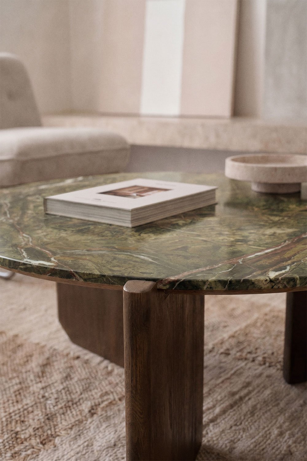 Lavinia round coffee table in natural stone and mango wood, gallery image 2