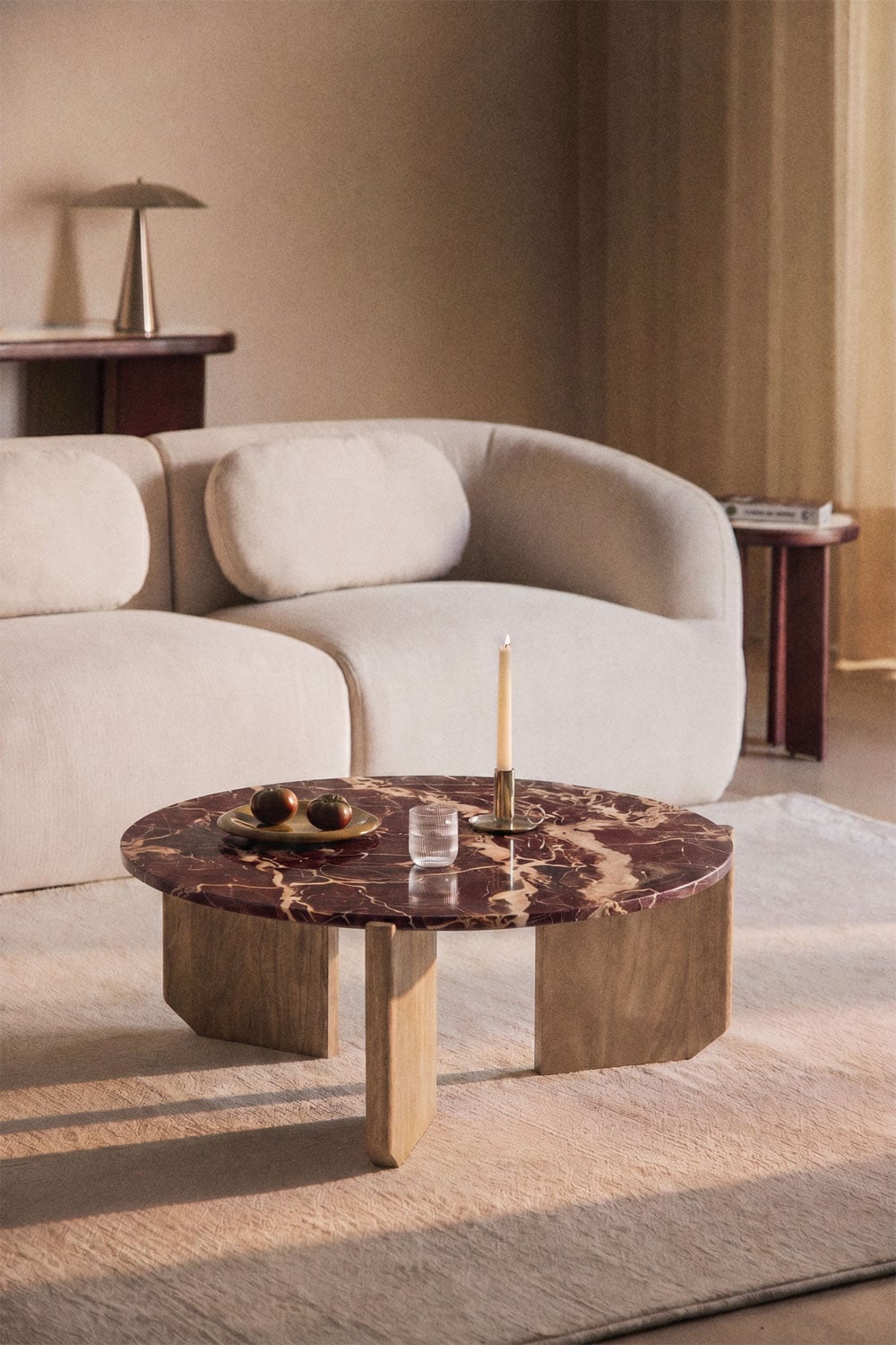 Lavinia round coffee table in natural stone and mango wood, gallery image 1