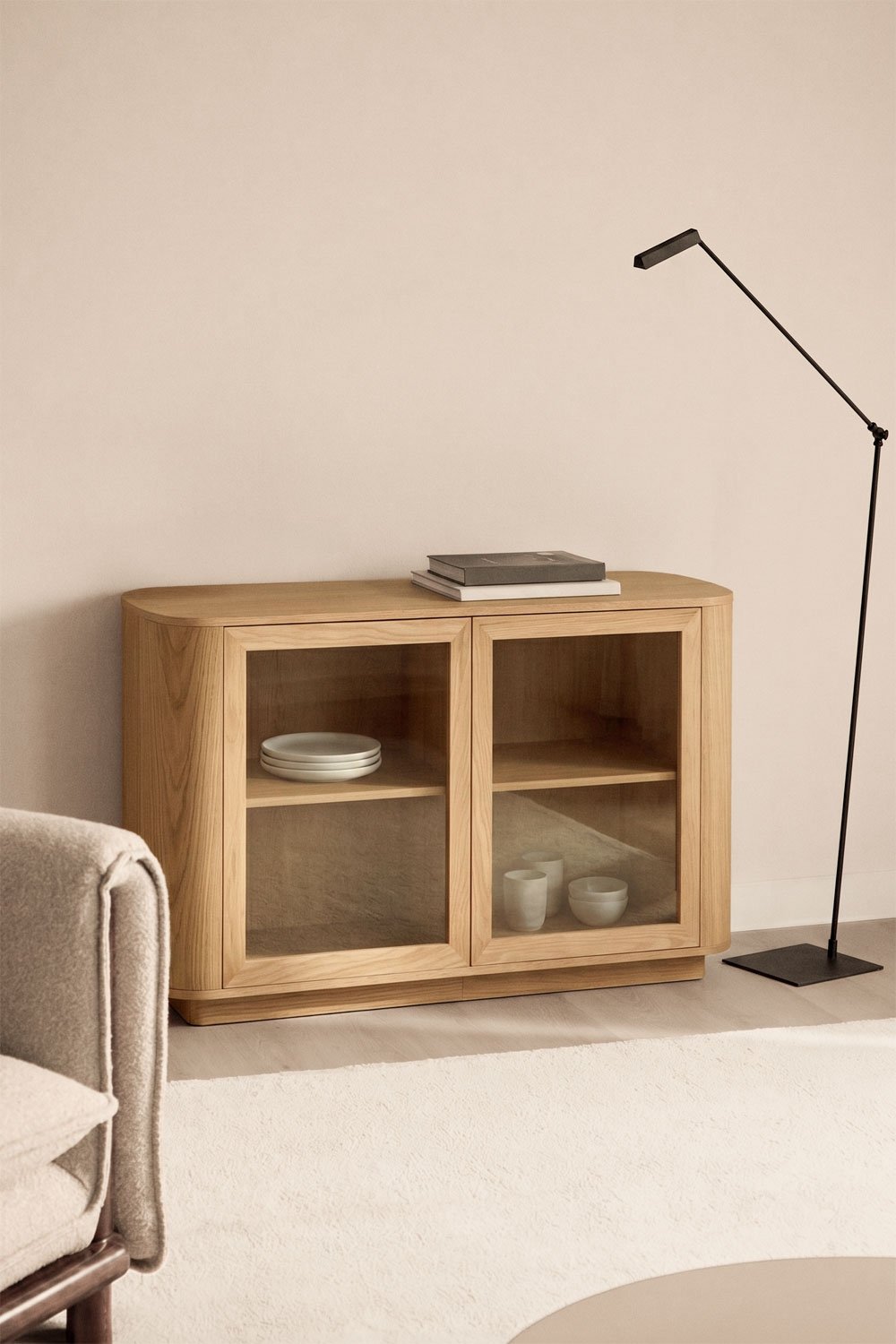 Rectangular sideboard 130x40 cm in MDF and tempered glass Walia, gallery image 1