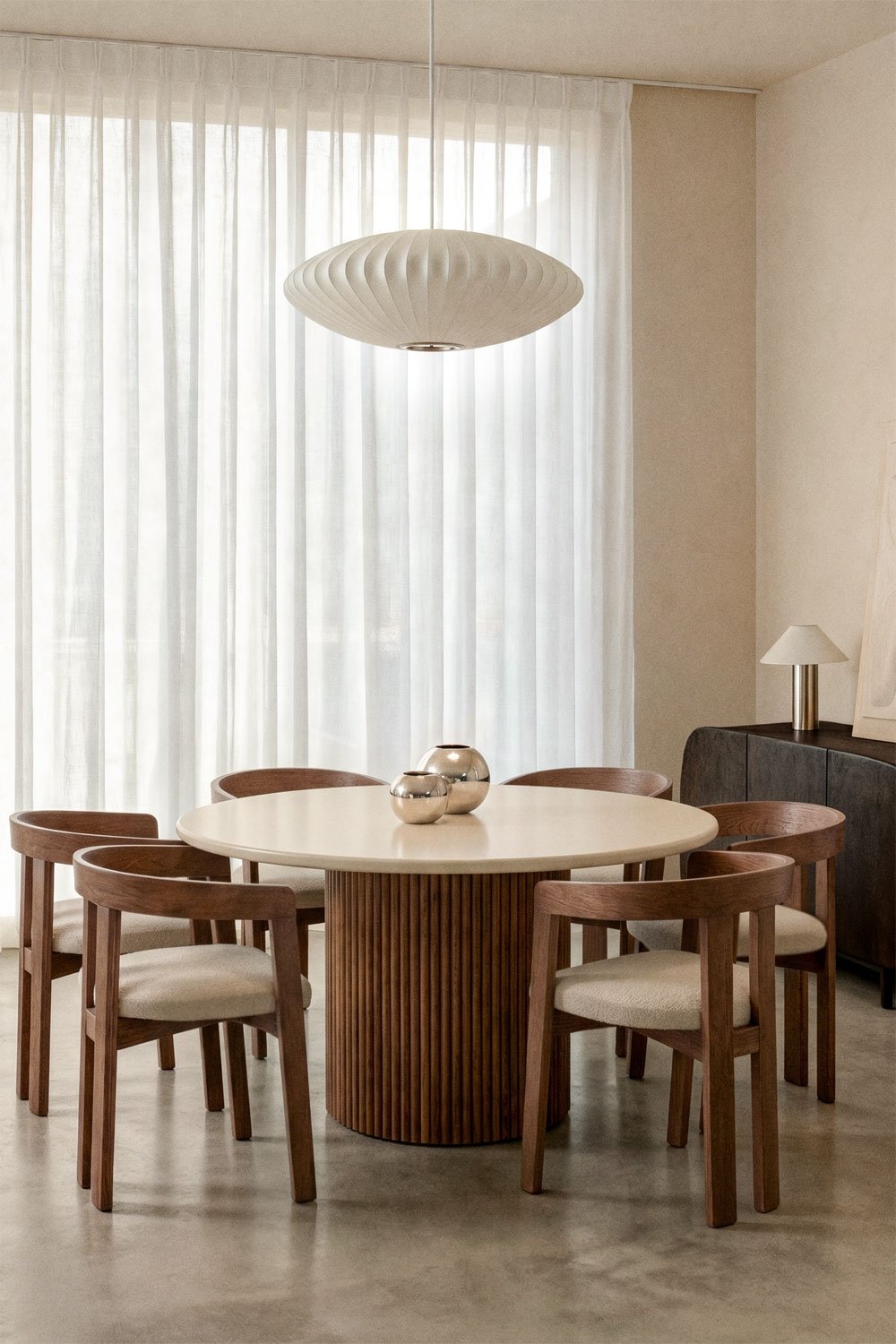 Sirvon round dining table in cement and acacia wood, gallery image 1