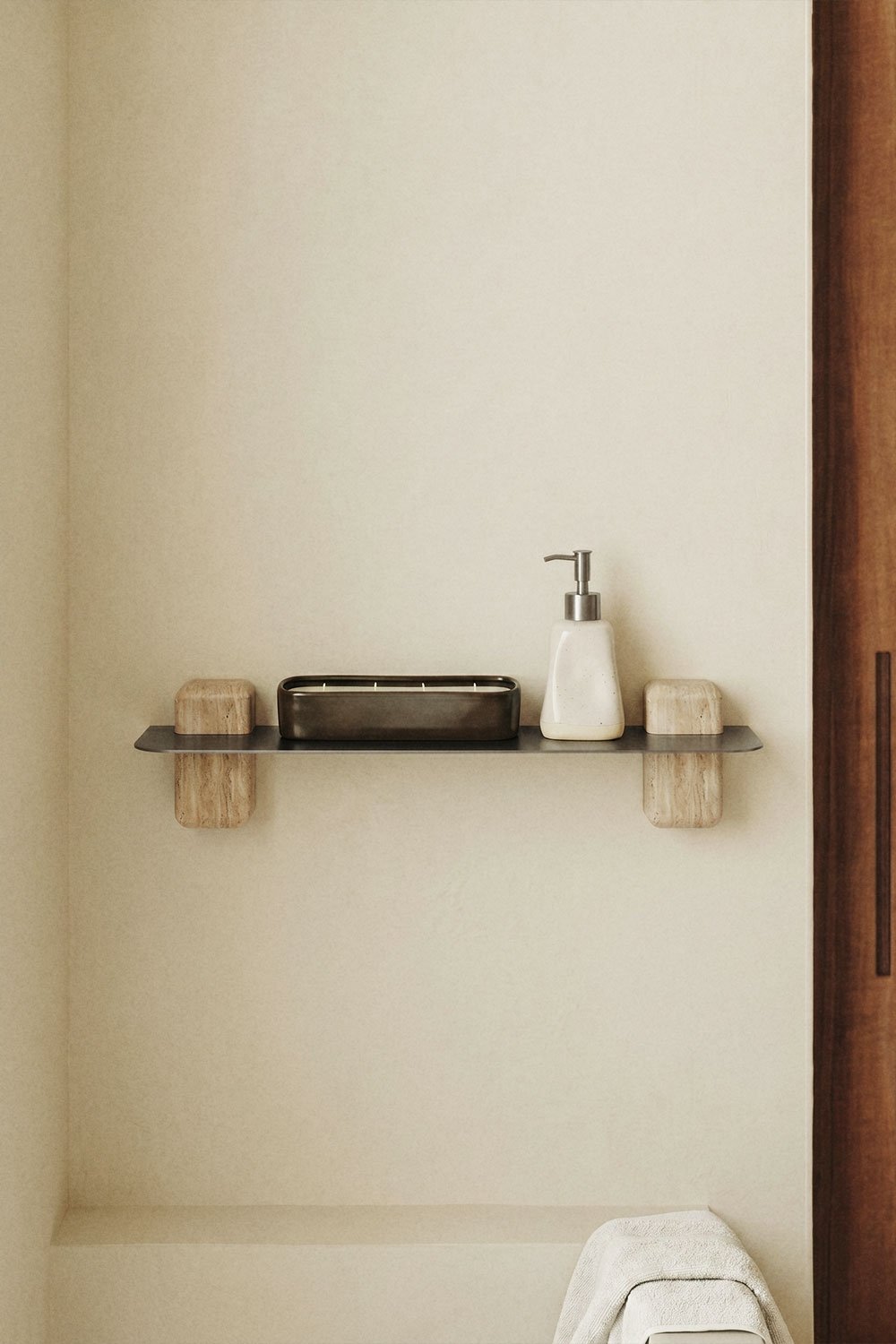 Wall-mounted bathroom shelf in stainless steel and travertine 80 cm Serbian, gallery image 1