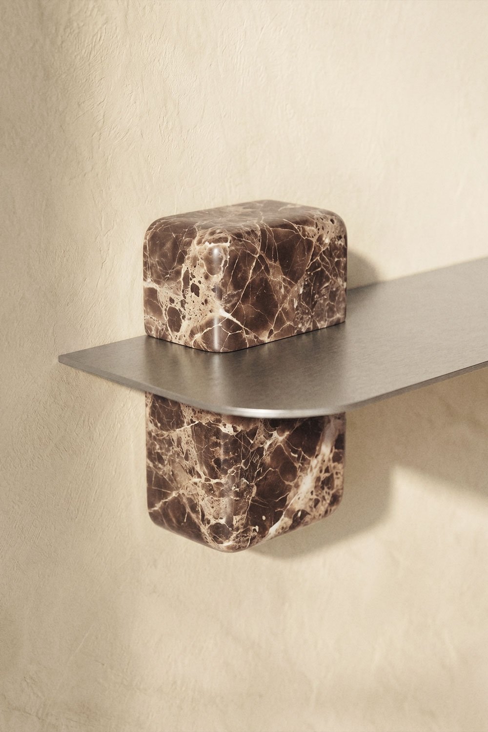 Wall-mounted bathroom shelf in stainless steel and emperador brown marble 80 cm Serbian, gallery image 2