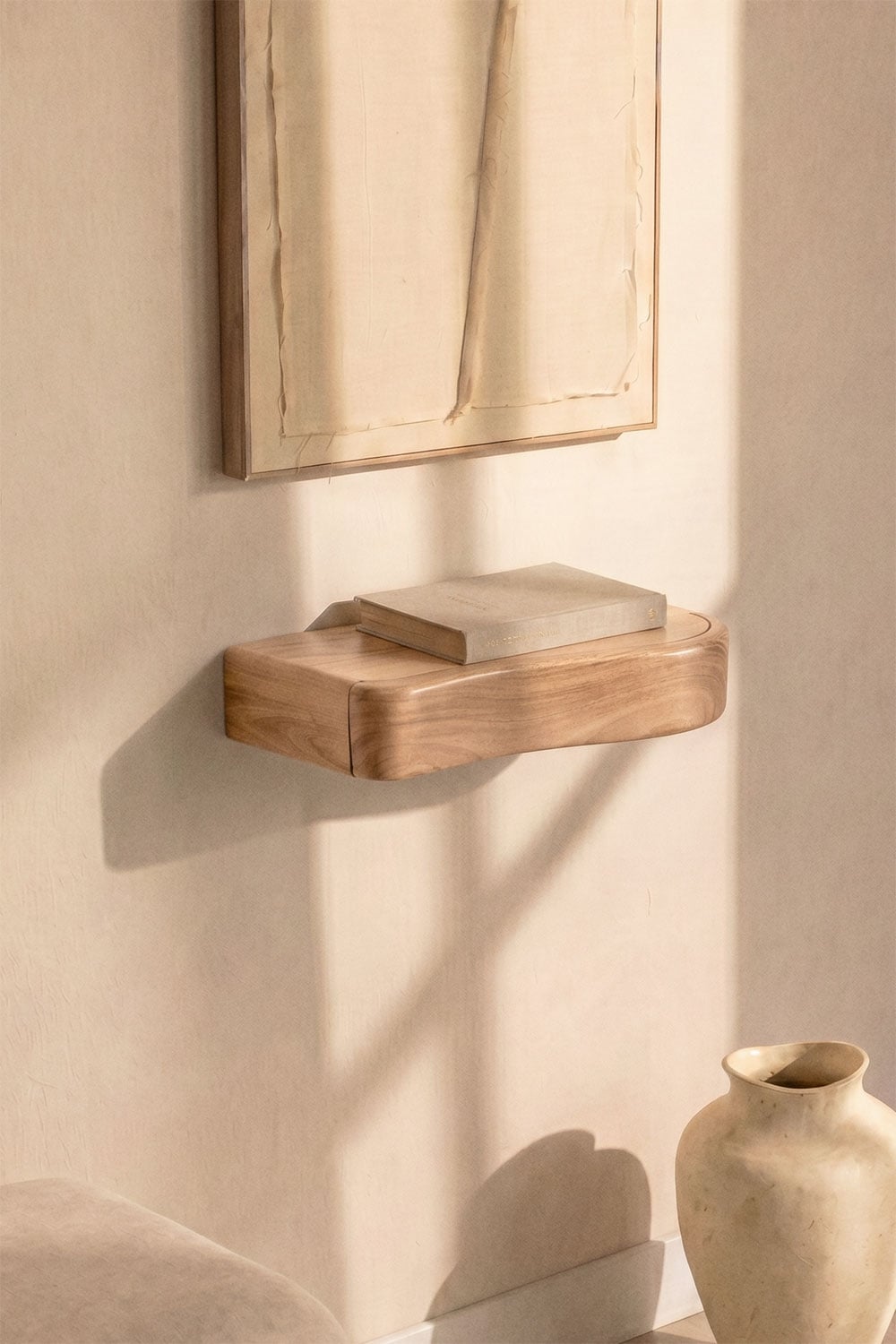 Nireimi acacia wood wall-mounted entryway console with storage, gallery image 1