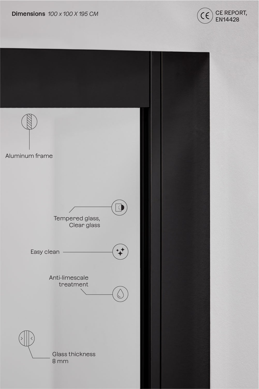 Square Shower Enclosure 100x100x195 cm with Sliding Doors, 6 mm Tempered Glass and Matte Black Aluminium Brent, gallery image 3