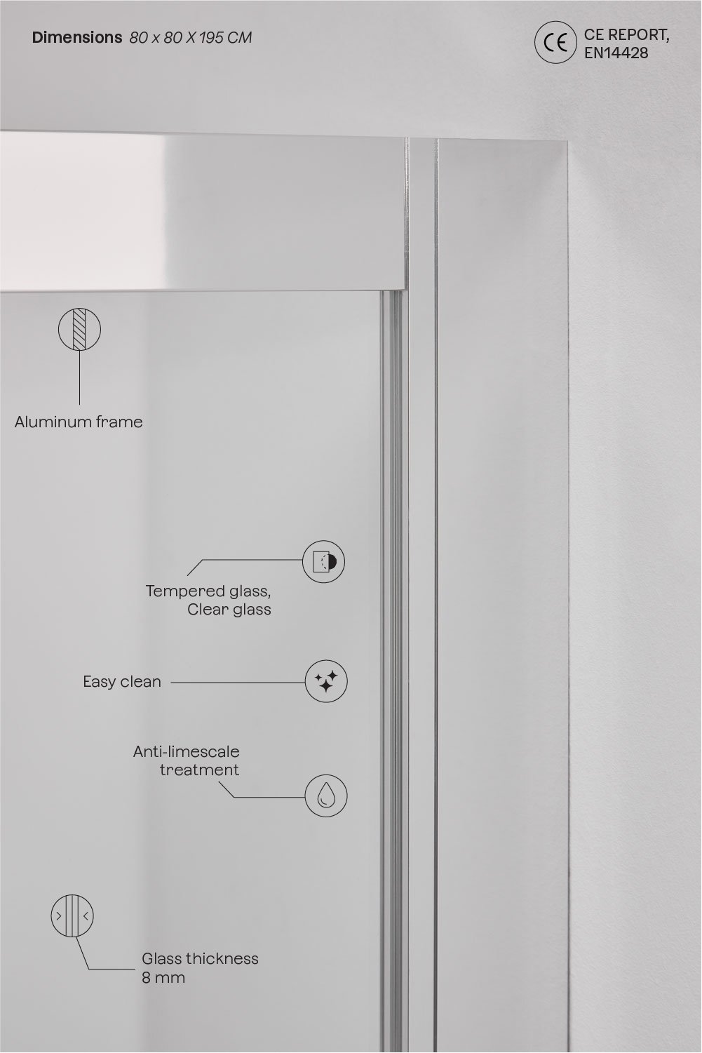 Square Shower Enclosure 80x80x195 cm with Sliding Doors, 6 mm Tempered Glass and Brushed Grey Aluminium Brent, gallery image 4