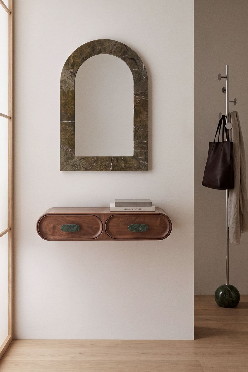 Wall-mounted entryway console 100x40 cm in mango wood and natural Kivalina stone, gallery image 1