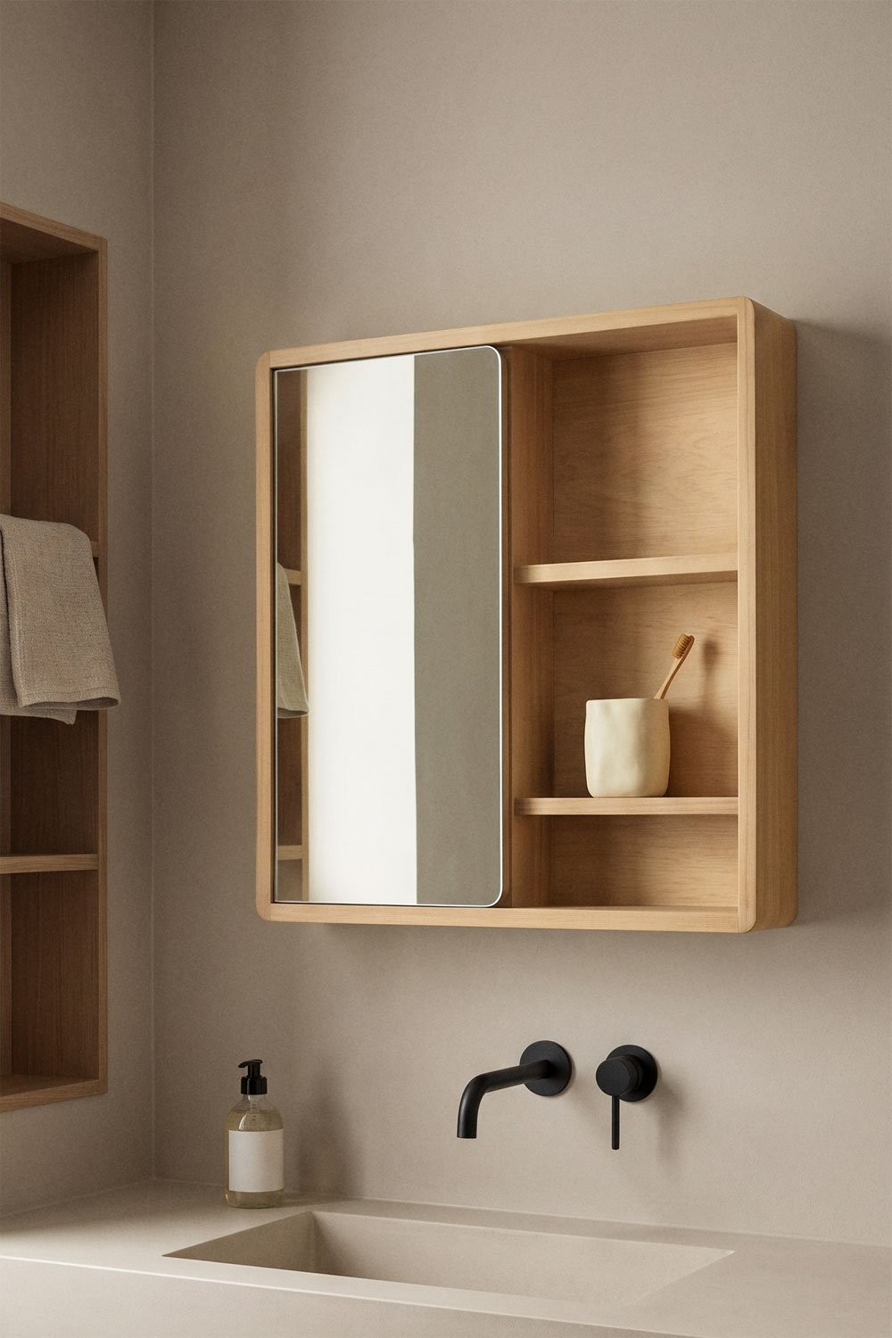 Square wall cabinet 60x60 cm for bathroom in teak wood with mirror Ian, gallery image 1