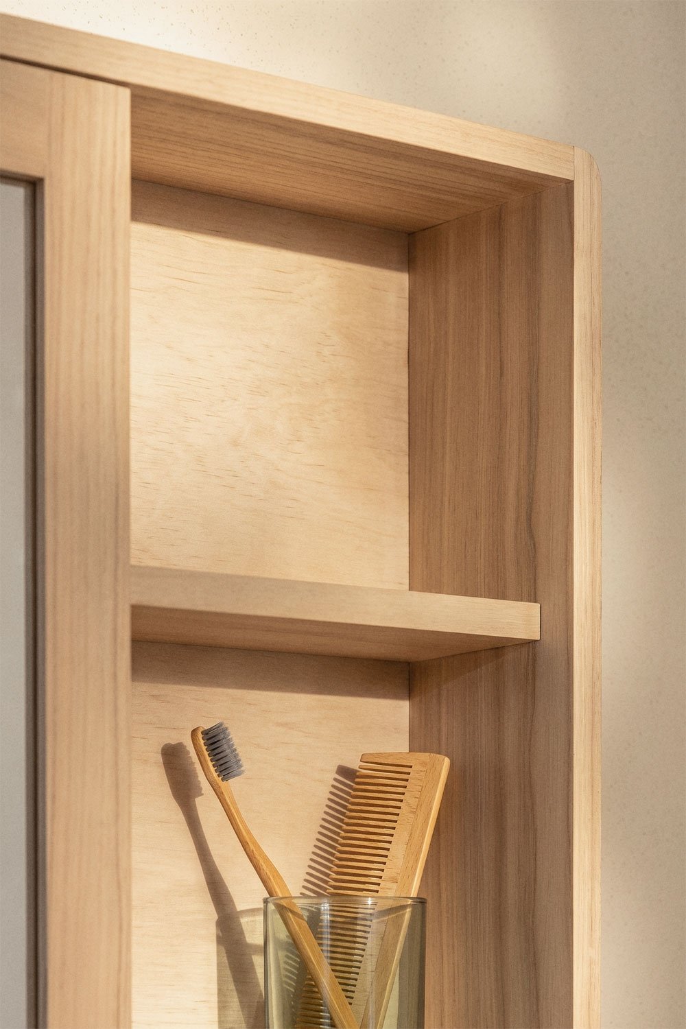 Square 60x60 cm wall cabinet for bathroom in teak wood with rectangular mirror Ian, gallery image 2