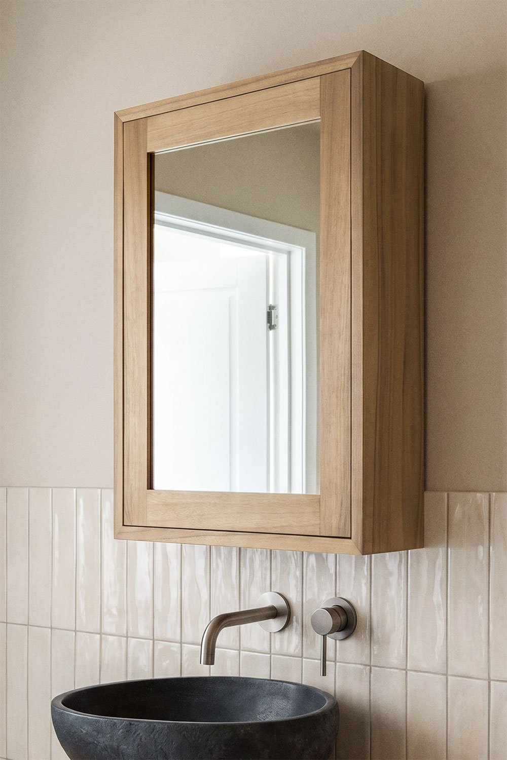 Rectangular wall cabinet 45x60 cm for bathroom in teak wood with mirror Ian, gallery image 1