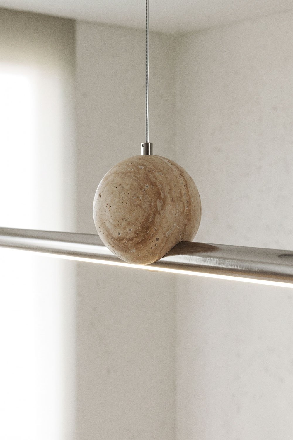 Linear LED 100 cm pendant ceiling lamp in natural stone and iron Lanuvio, gallery image 2