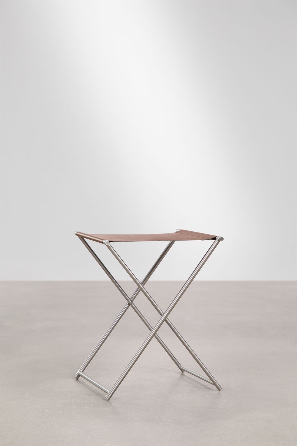 Dravena 50 cm low folding stool in leather and stainless steel, gallery image 4