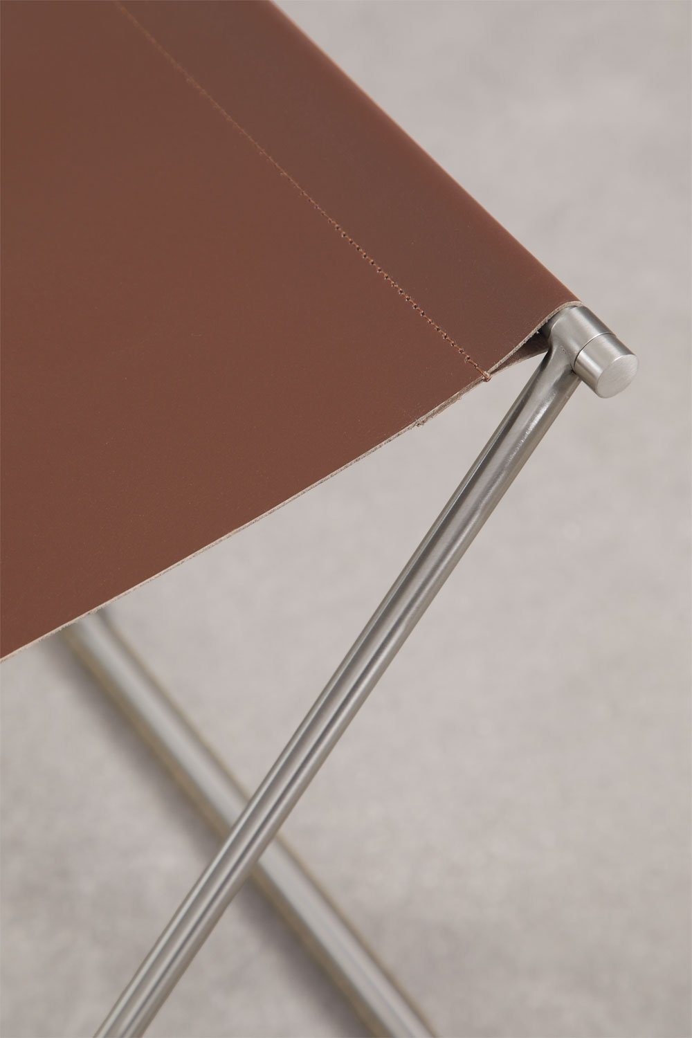 Dravena 50 cm low folding stool in leather and stainless steel, gallery image 6