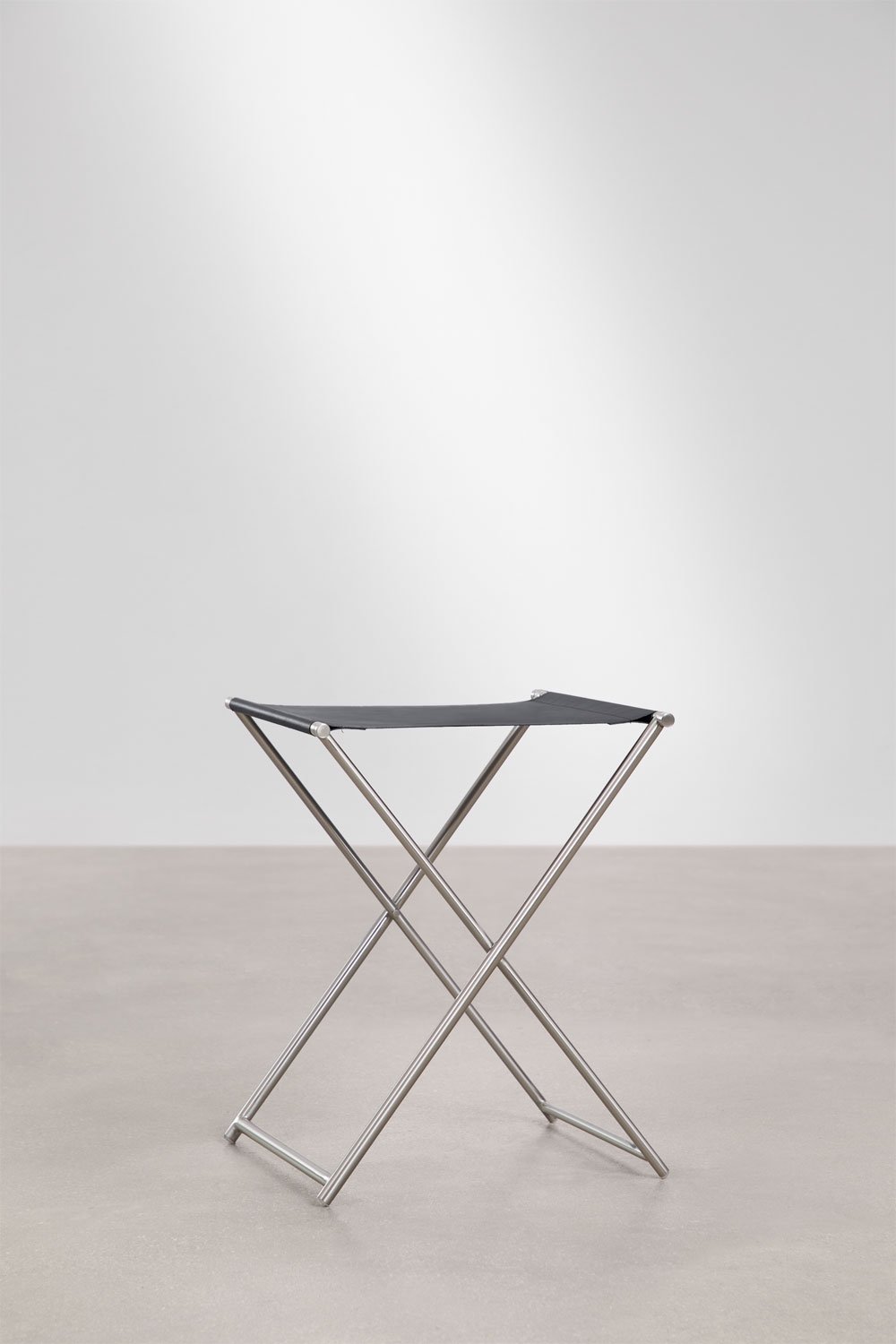 Dravena 50 cm low folding stool in leather and stainless steel, gallery image 3