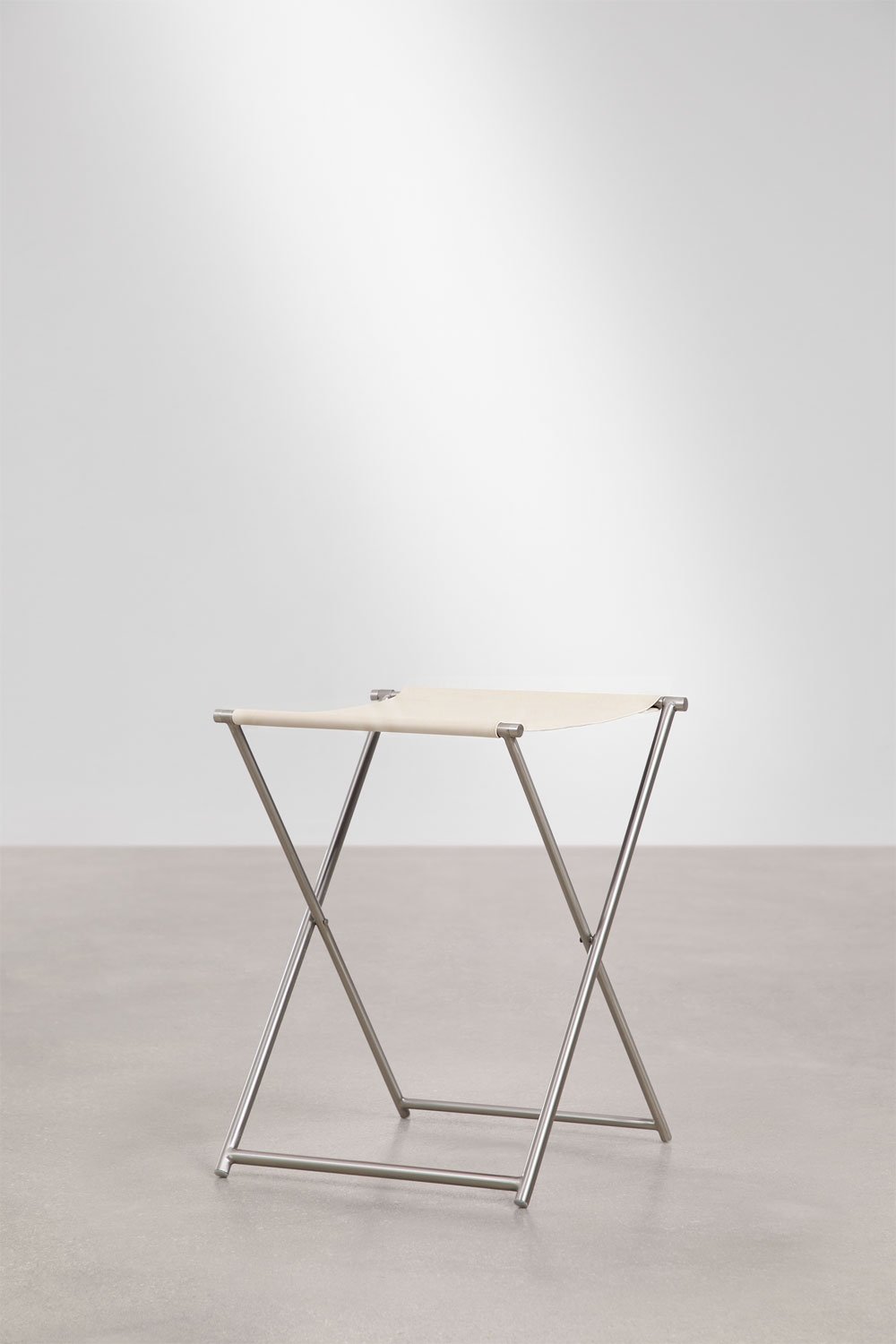 Dravena 50 cm low folding stool in leather and stainless steel, gallery image 4