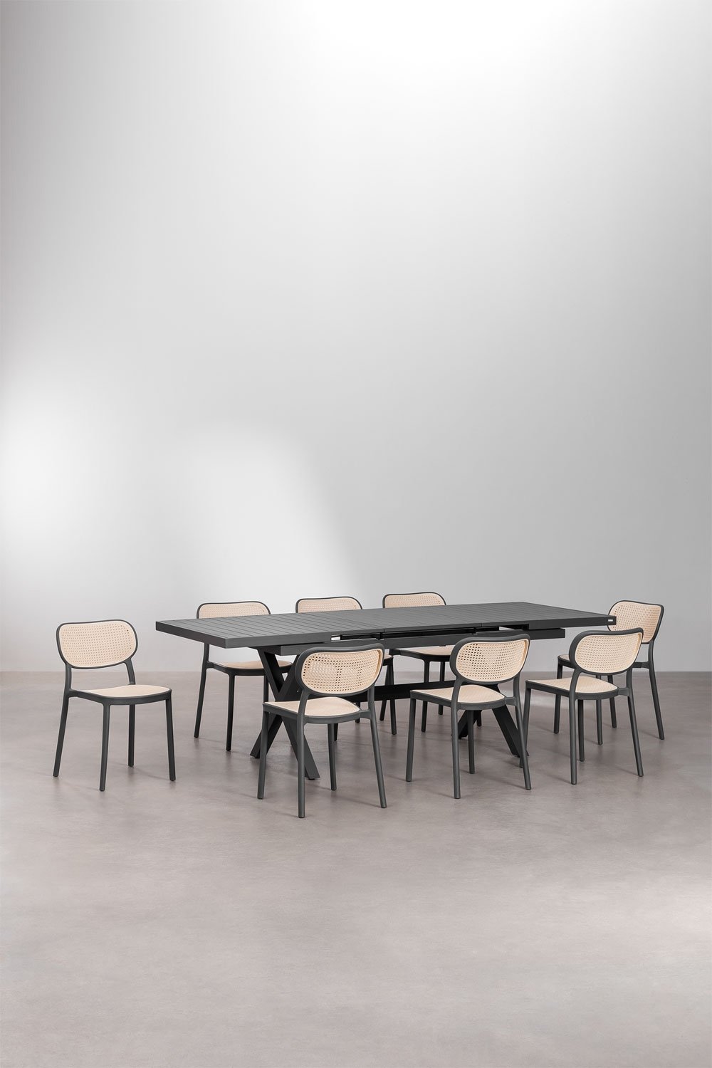 Karena extendable rectangular table set 180-240x90 cm in aluminum and 8 stackable Omara dining chairs in polypropylene, gallery image 1