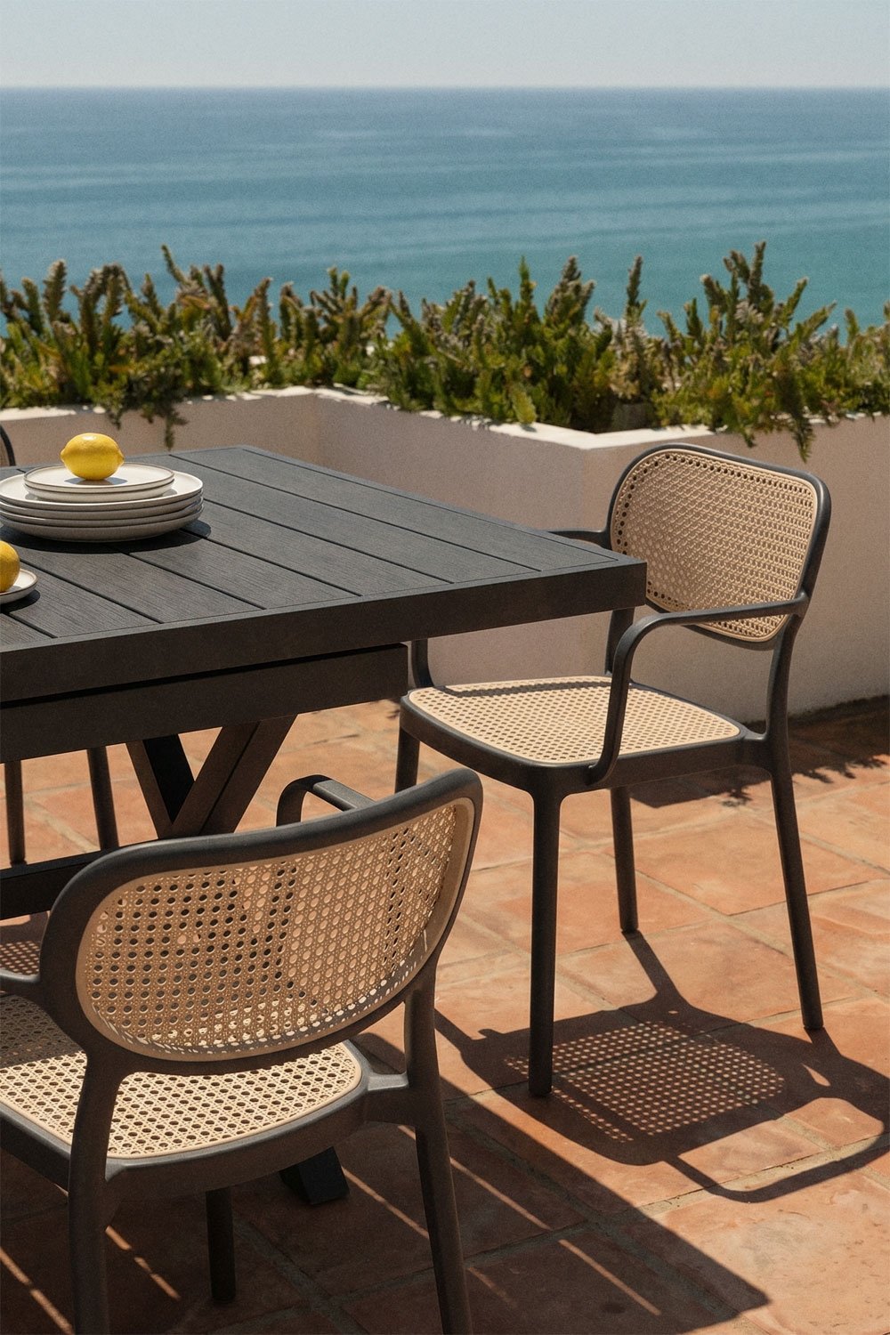 Karena rectangular extendable table set 180-240x90 cm in aluminum and 8 stackable garden chairs with armrests Omara, gallery image 2