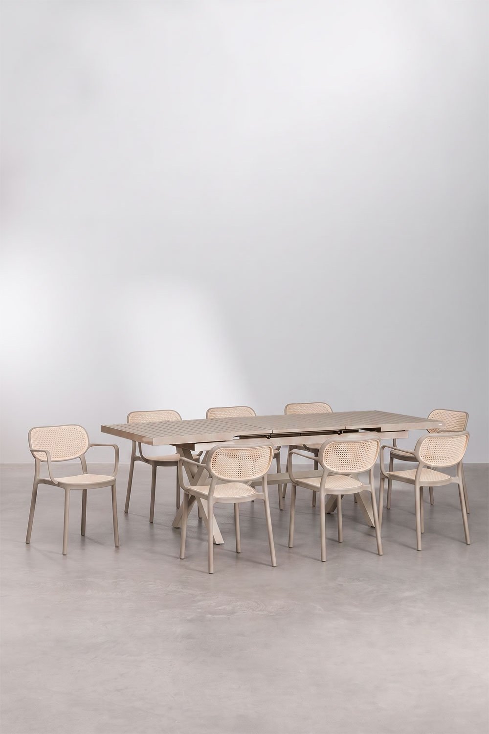 Karena rectangular extendable table set 180-240x90 cm in aluminum and 8 stackable garden chairs with armrests Omara, gallery image 1