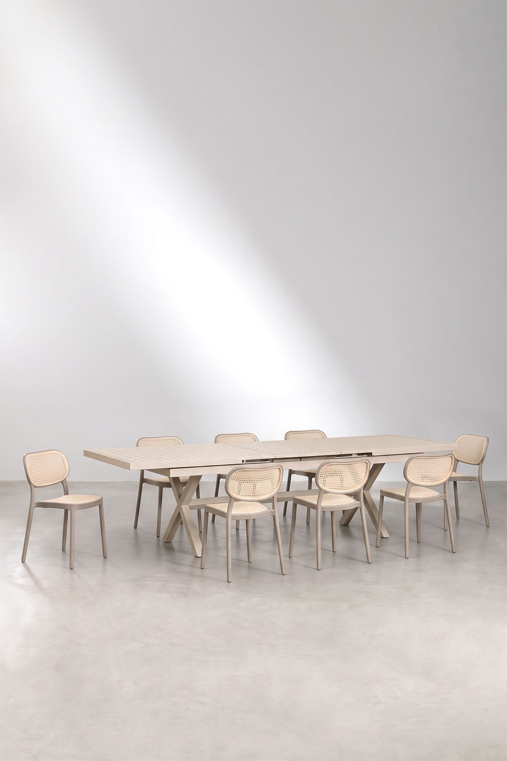 Rectangular table set 240-300x100 cm extendable in aluminum Karena and 8 stackable dining chairs in polypropylene Omara, gallery image 1