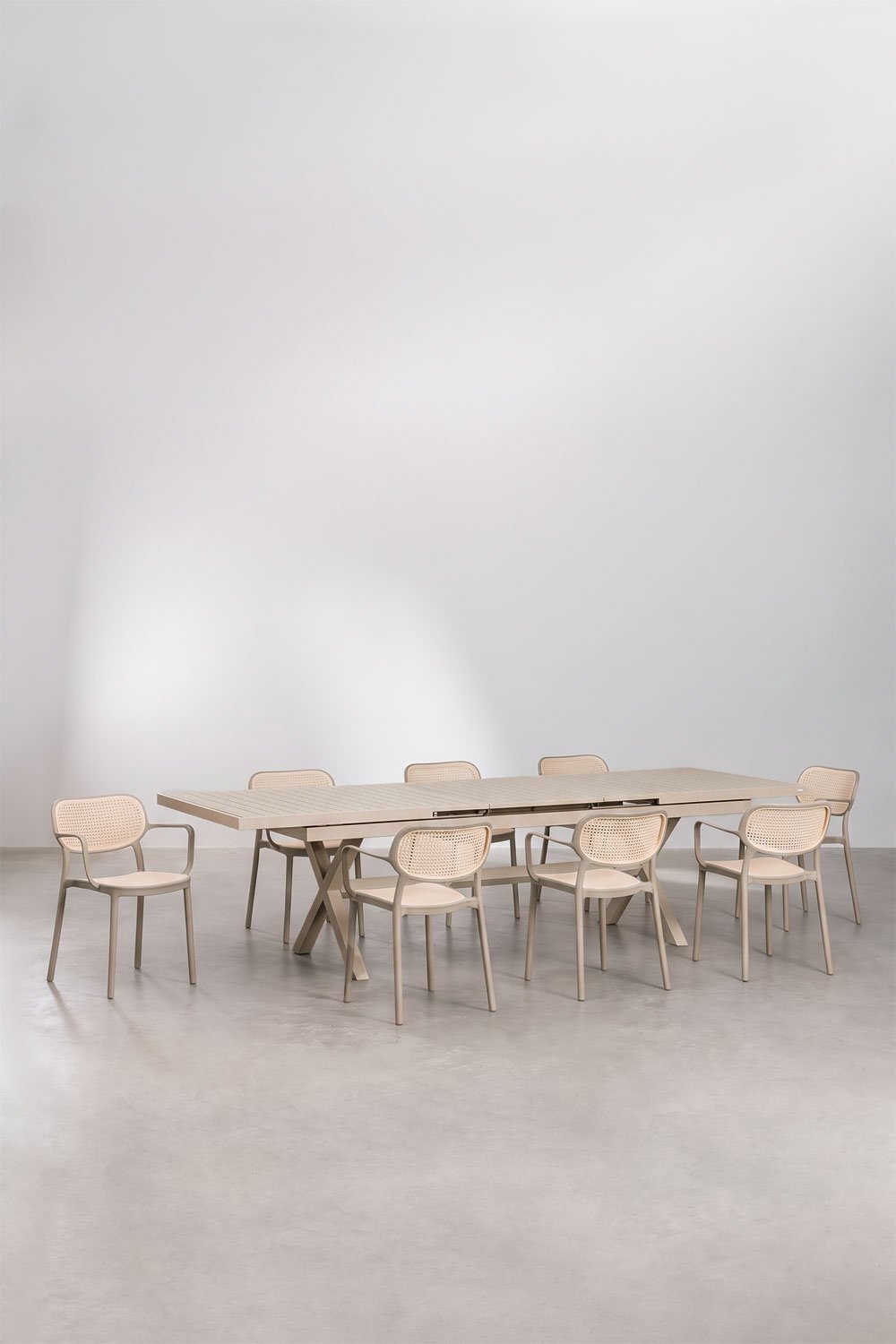 Karena extendable rectangular dining table set 240-300x100 cm and 8 stackable Omara dining chairs with armrests, gallery image 1