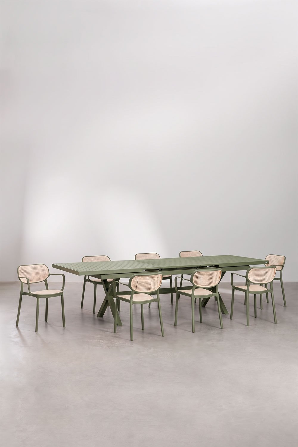 Karena extendable rectangular dining table set 240-300x100 cm and 8 stackable Omara dining chairs with armrests, gallery image 1