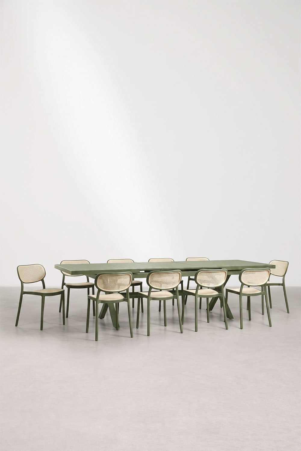 Karena extendable rectangular table set 240-300x100 cm in aluminum and 10 stackable Omara dining chairs in polypropylene, gallery image 1