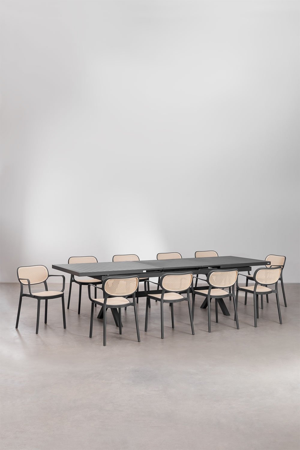 Karena extendable rectangular dining table 240-300x100 cm and 10 stackable Omara dining chairs with armrests, gallery image 1