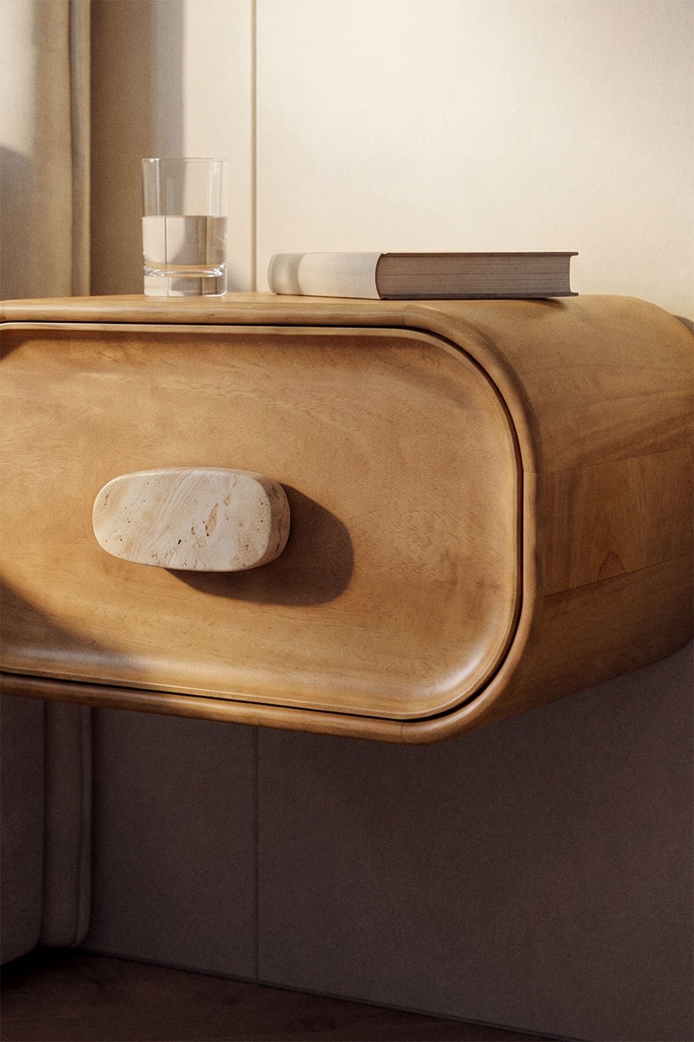 Floating nightstand 50x35 cm in mango wood and natural stone Kivalina, gallery image 2