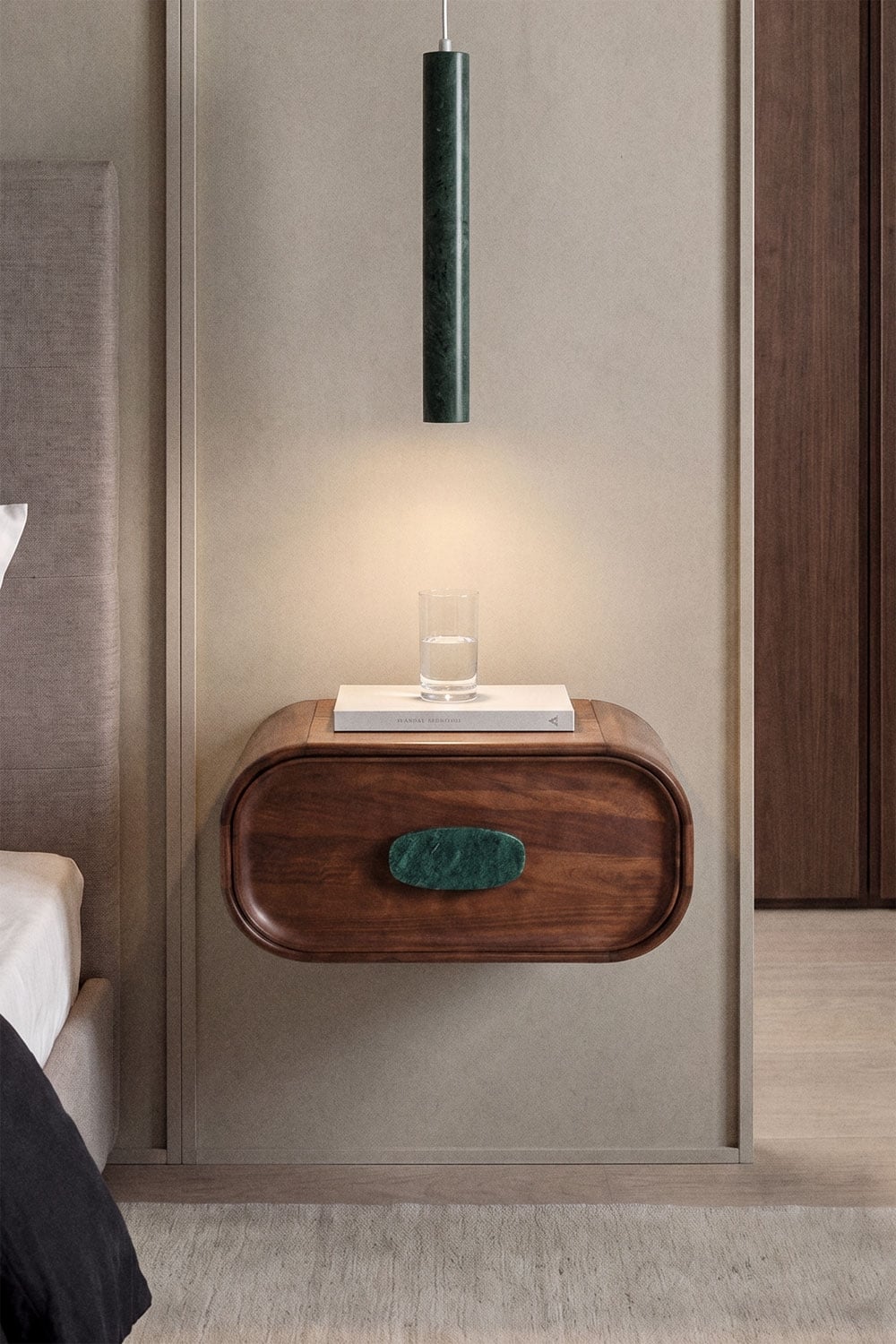 Floating nightstand 50x35 cm in mango wood and natural stone Kivalina, gallery image 1