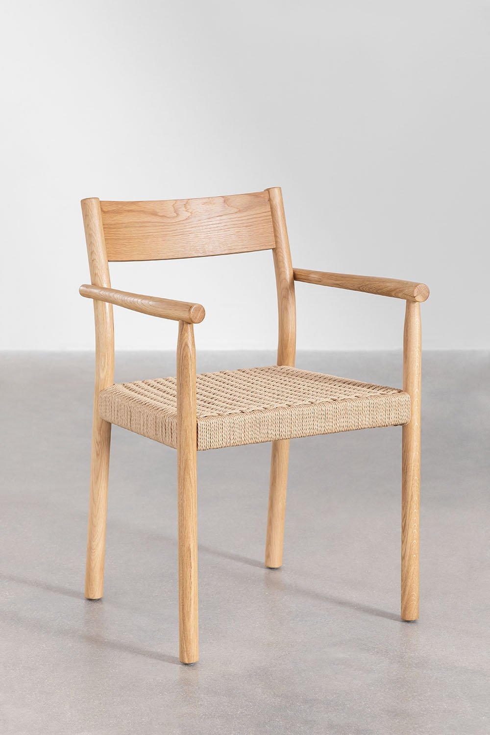 Treveris extendable dining table set 220-320x95 cm and 8 dining chairs in oak wood and braided rope Mara, gallery image 8
