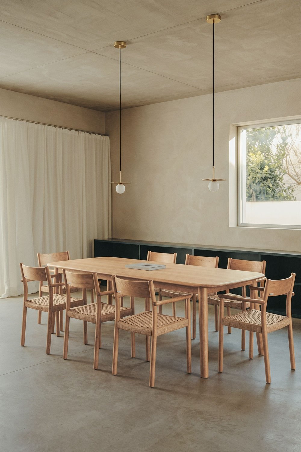 Treveris extendable dining table set 220-320x95 cm and 8 dining chairs in oak wood and braided rope Mara, gallery image 1