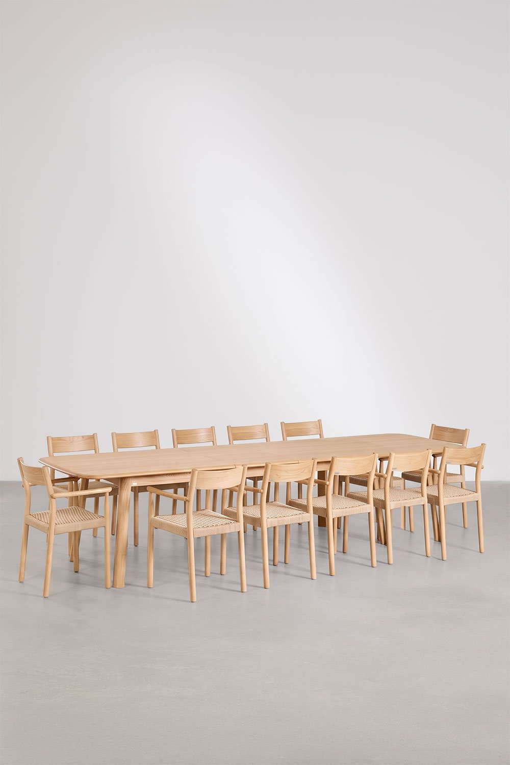 Extendable dining table set 220-320x95 cm Treveris and 12 dining chairs in oak wood and braided rope Mara, gallery image 3