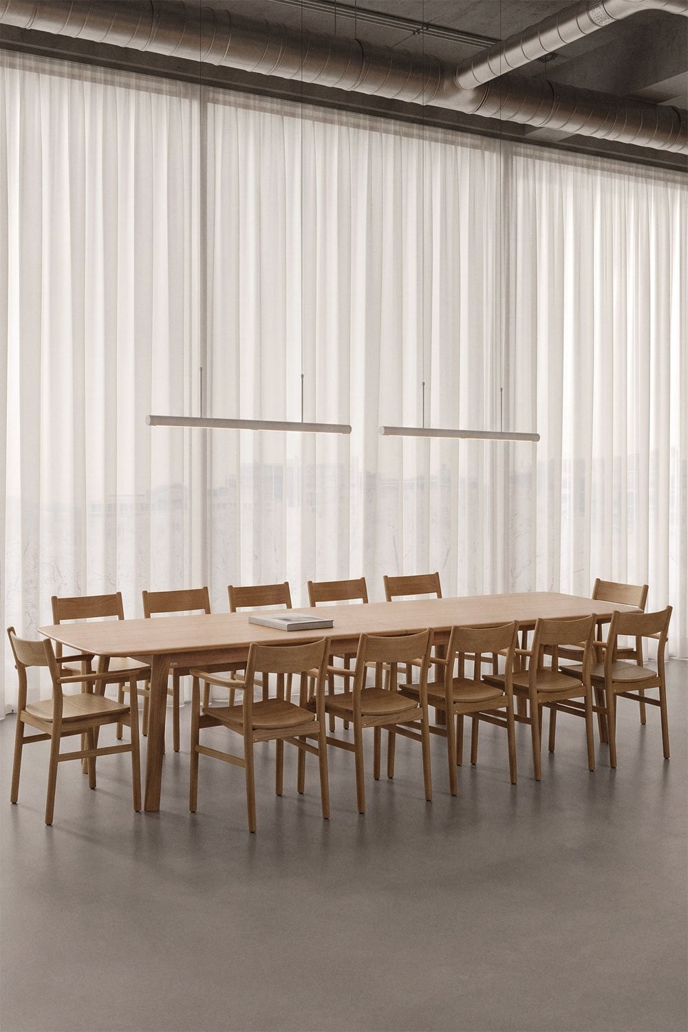 Extendable dining table set 220-320x95 cm Treveris and 12 oak wood dining chairs Mireita, gallery image 1