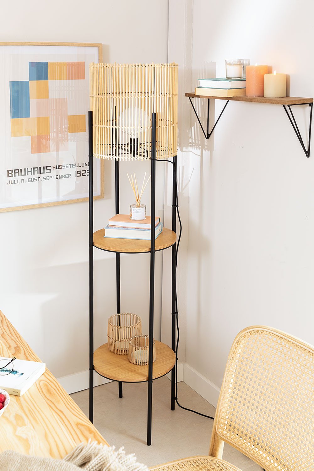 Loopa Rattan Floor Lamp with Shelves, gallery image 1