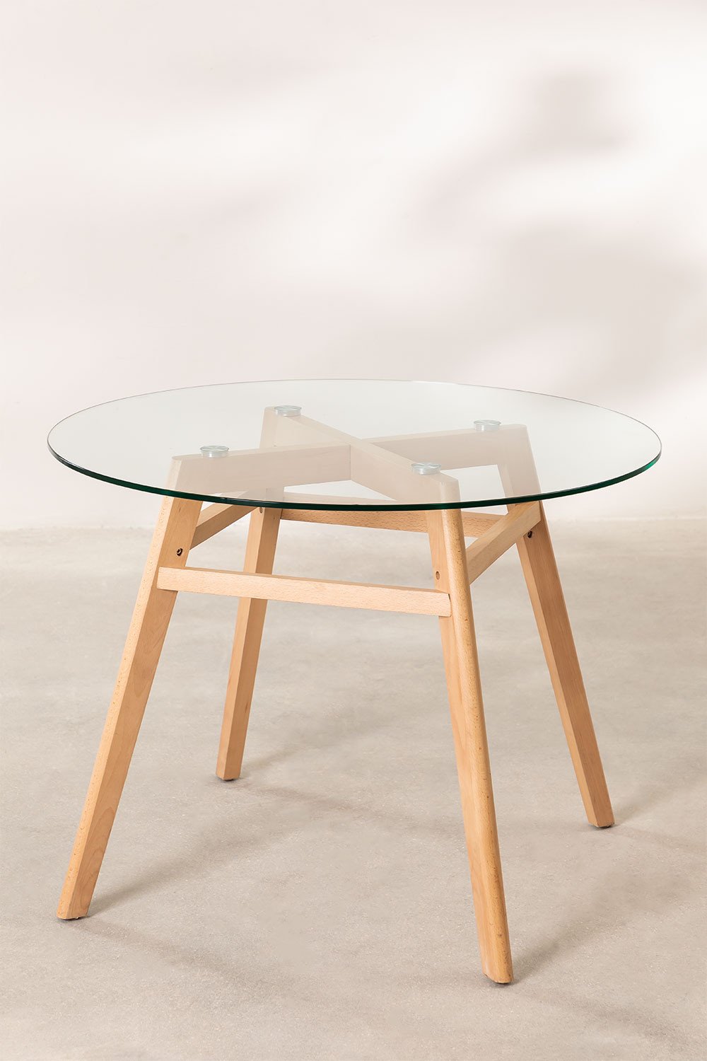 Round Dining Table in Glass and Beech Wood Scand Nordic, gallery image 1
